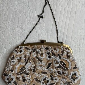 Santi Beaded Satin Evening Bag Clutch Vintage Cream Gold Prom
